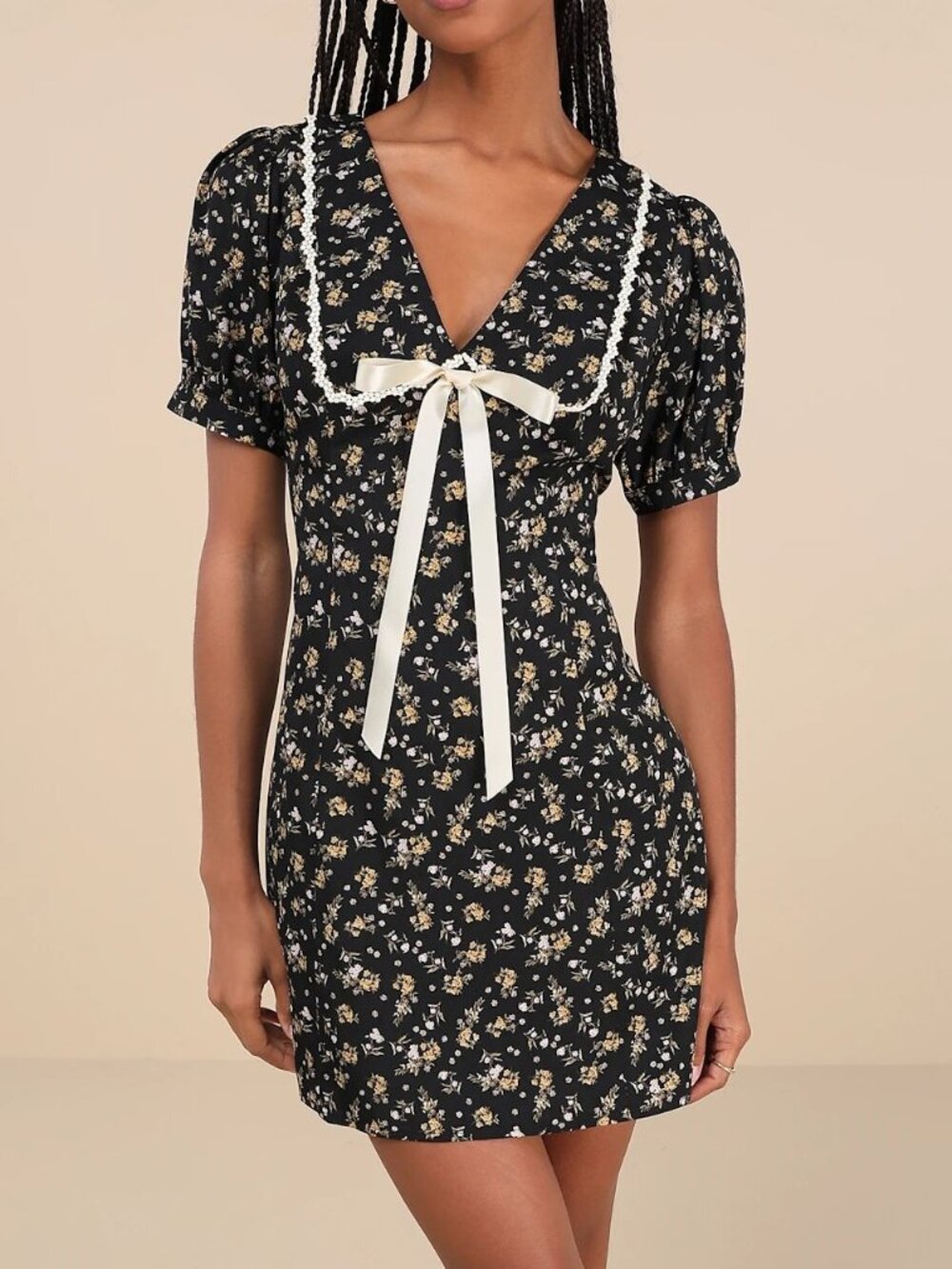 Lulus Coquette Passion Black Floral Print Peter Pan Collar Bow Mini Dress